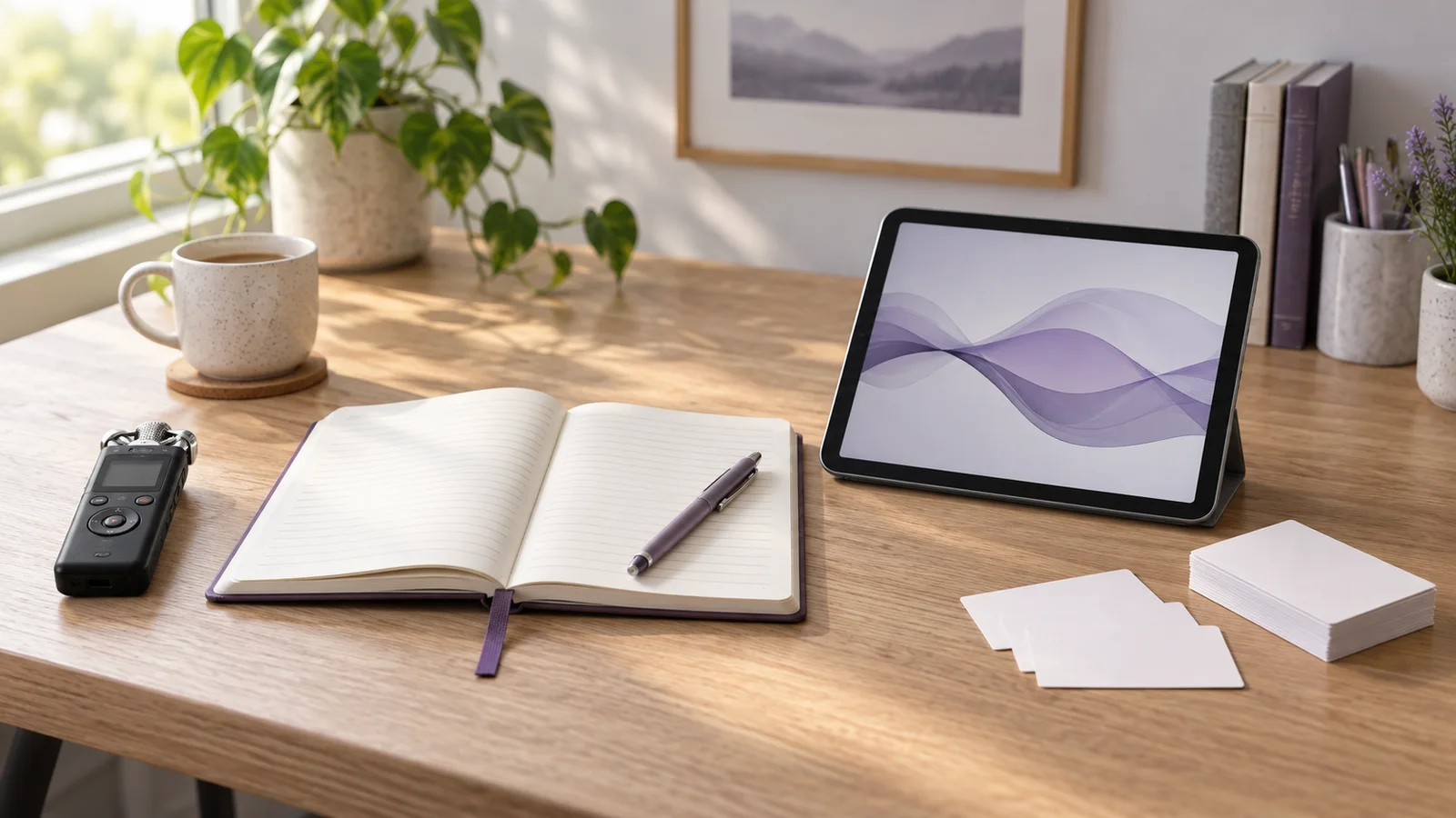 Perakam audio, buku nota, tablet dan kad belajar di meja yang kemas