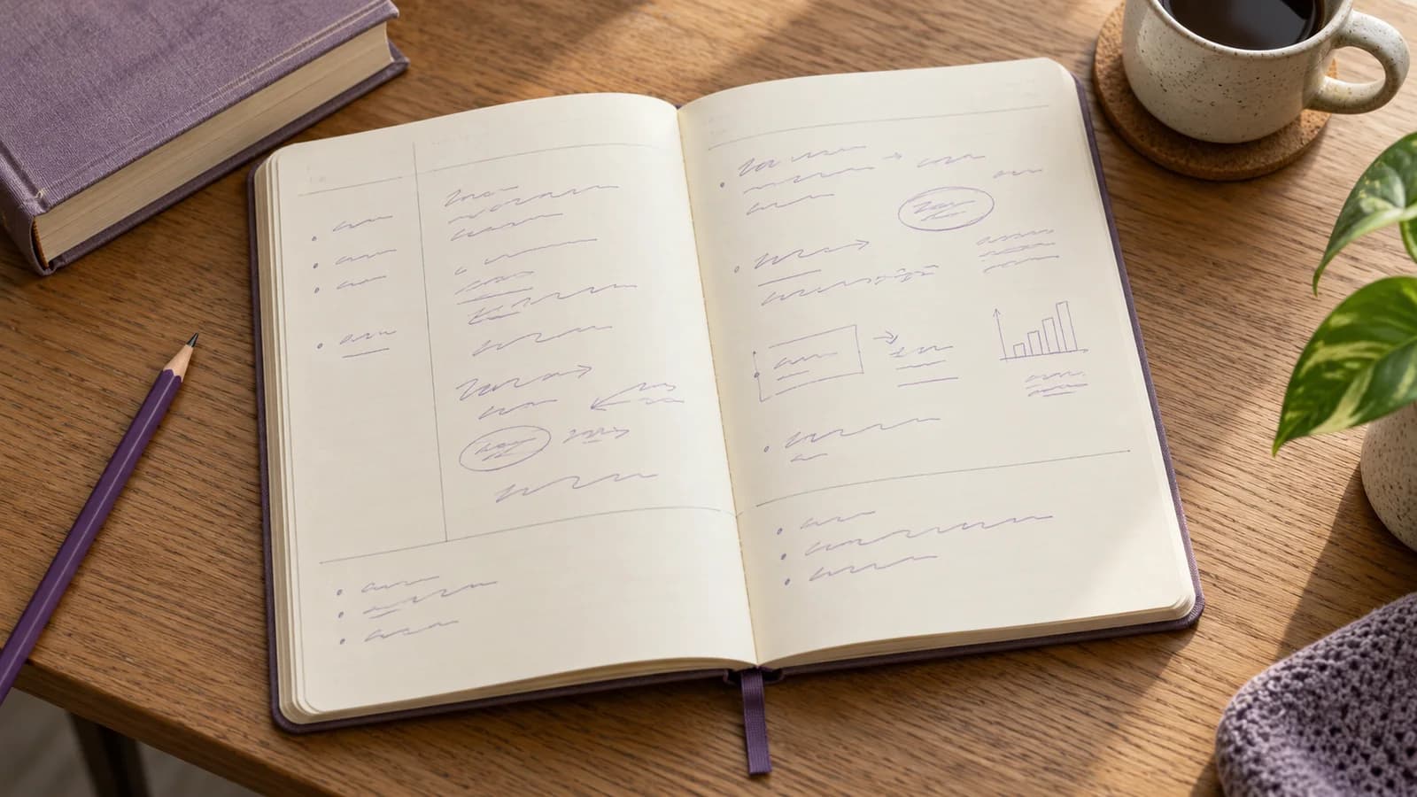 Quaderno diviso in aree per domande, appunti e sintesi accanto a una matita viola
