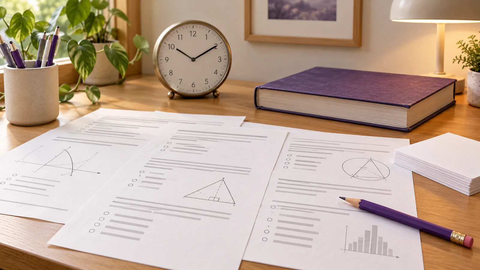 أوراق أسئلة تدريبية وساعة وكتاب مغلق وقلم بنفسجي على مكتب دراسة